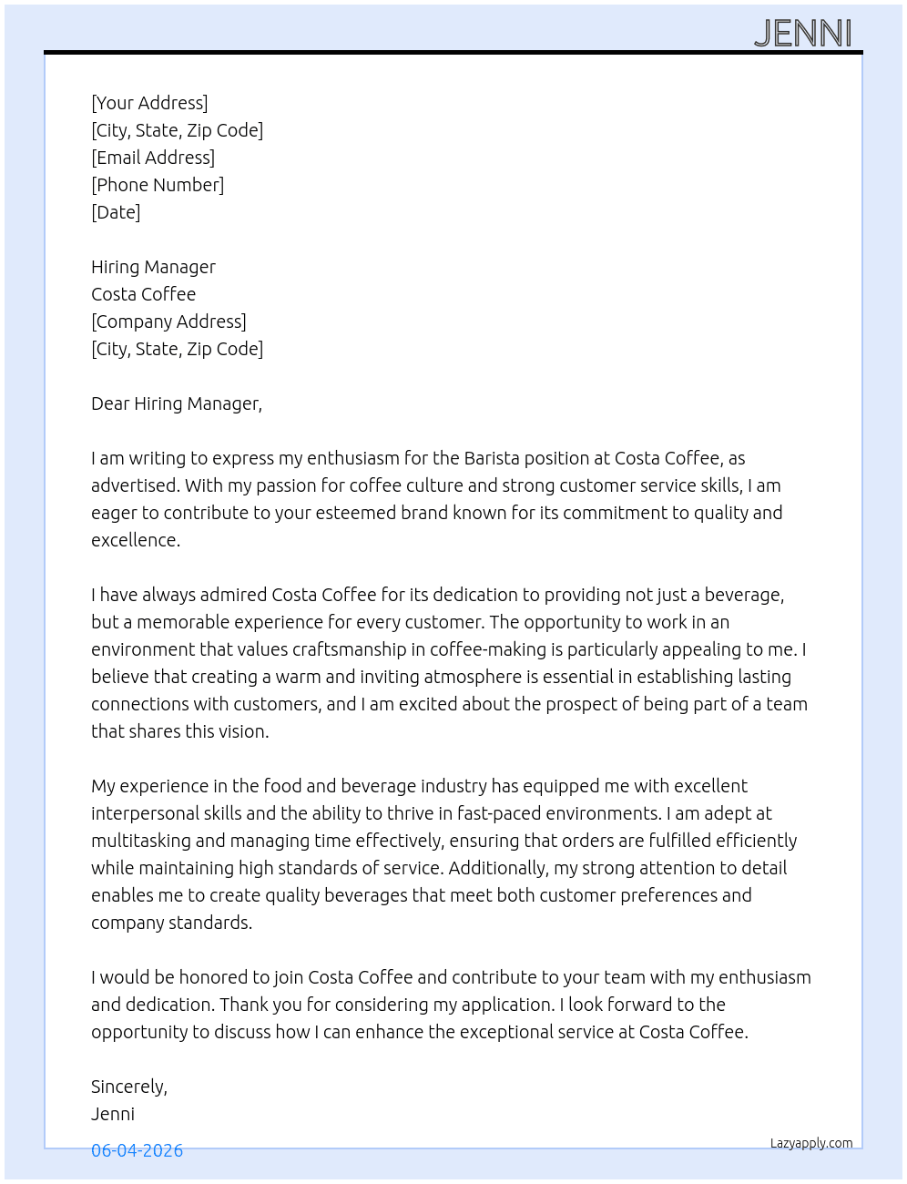 Barrista At Costa Coffee Cover Letter