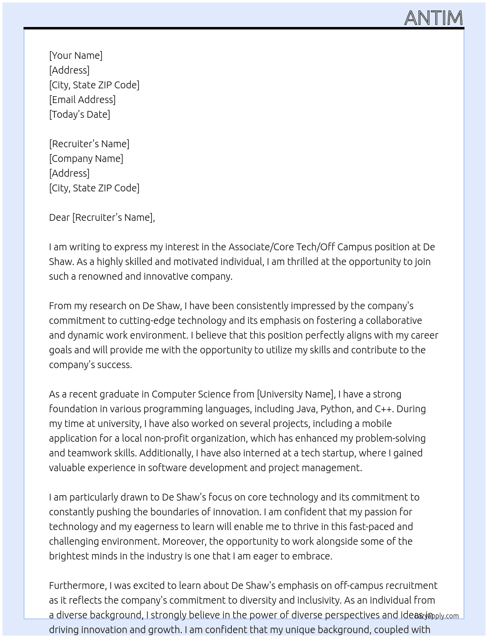 Cover letter for associate/core tech/off campus - LazyApply