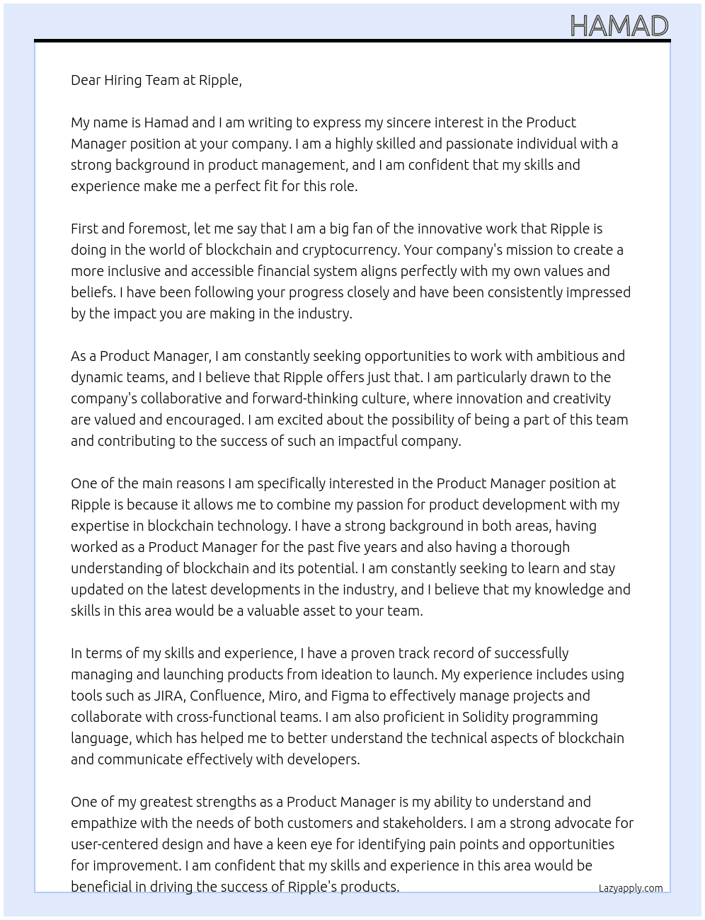 Product Manager At Ripple Cover Letter