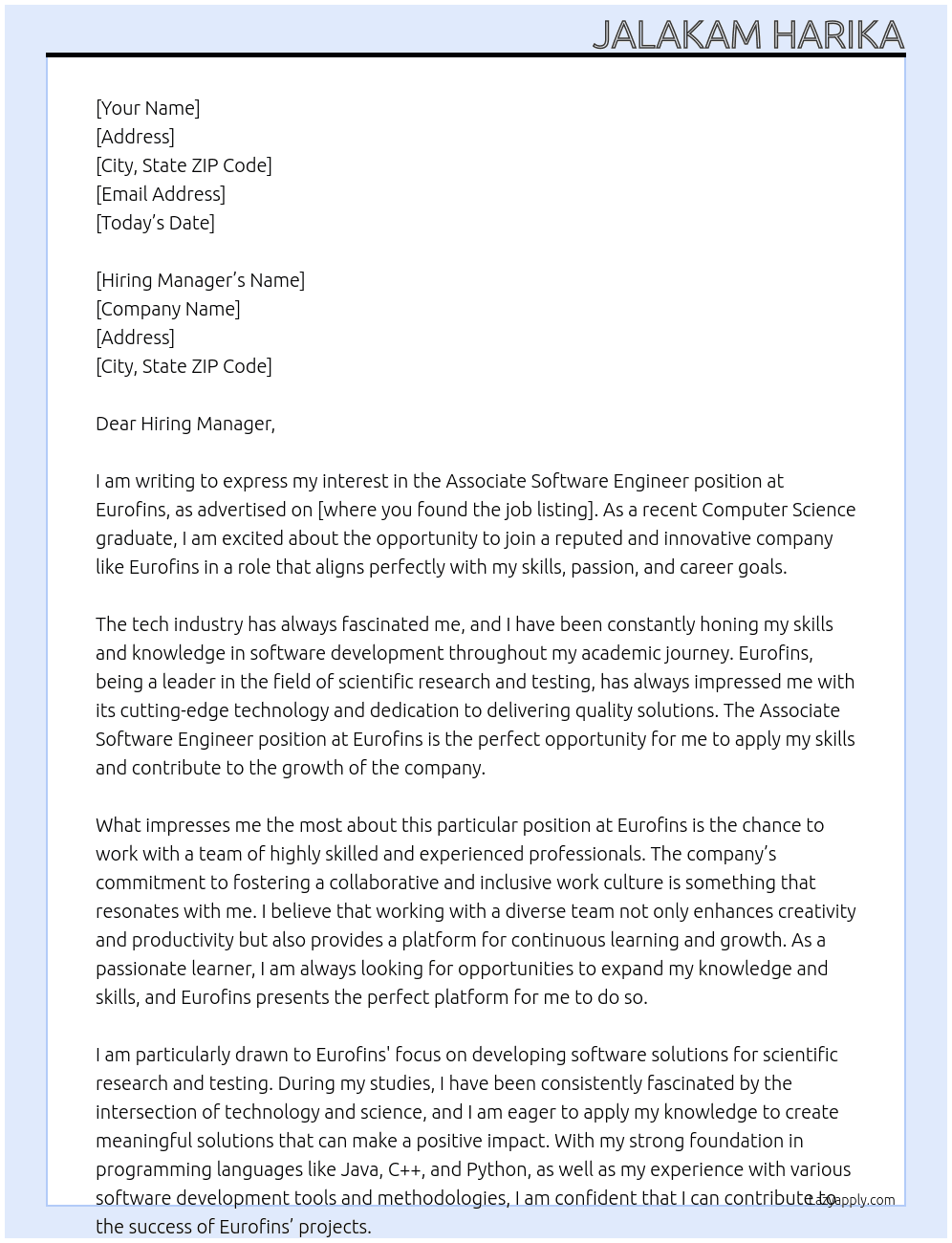 Associate software Engineer - Fresher  At Eurofins  Cover Letter