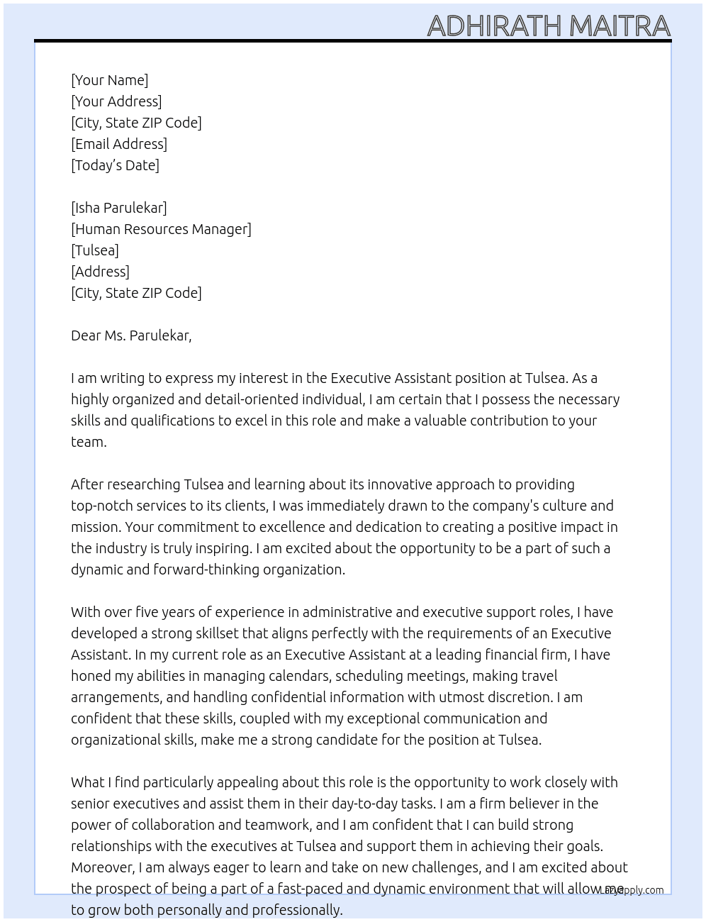 Executive assistant At Tulsea Cover Letter