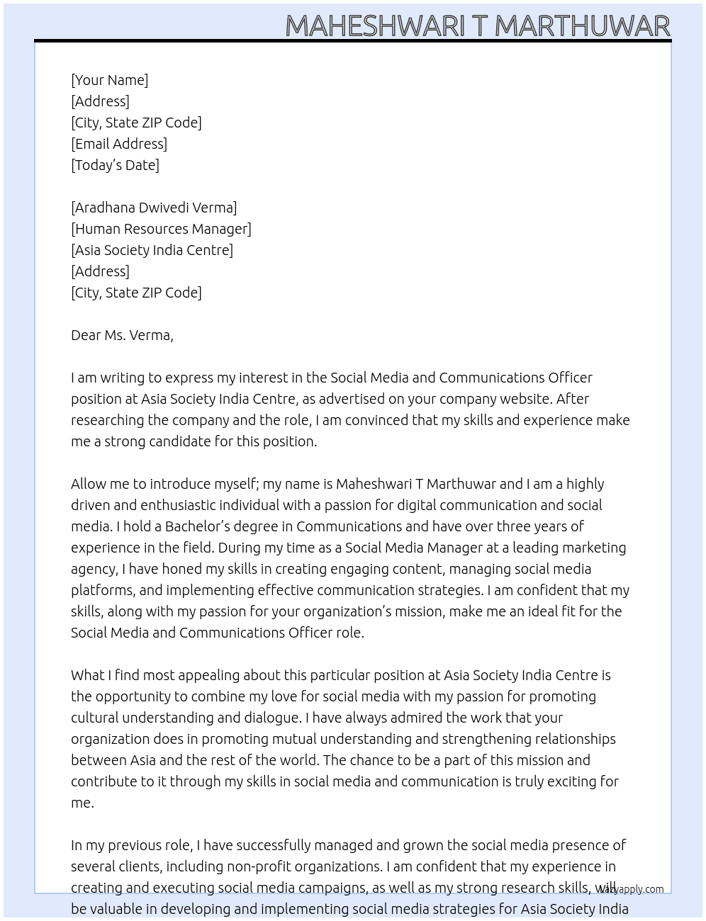 Application: Social Media and Communications Officer At Asia Society India Centre Cover Letter