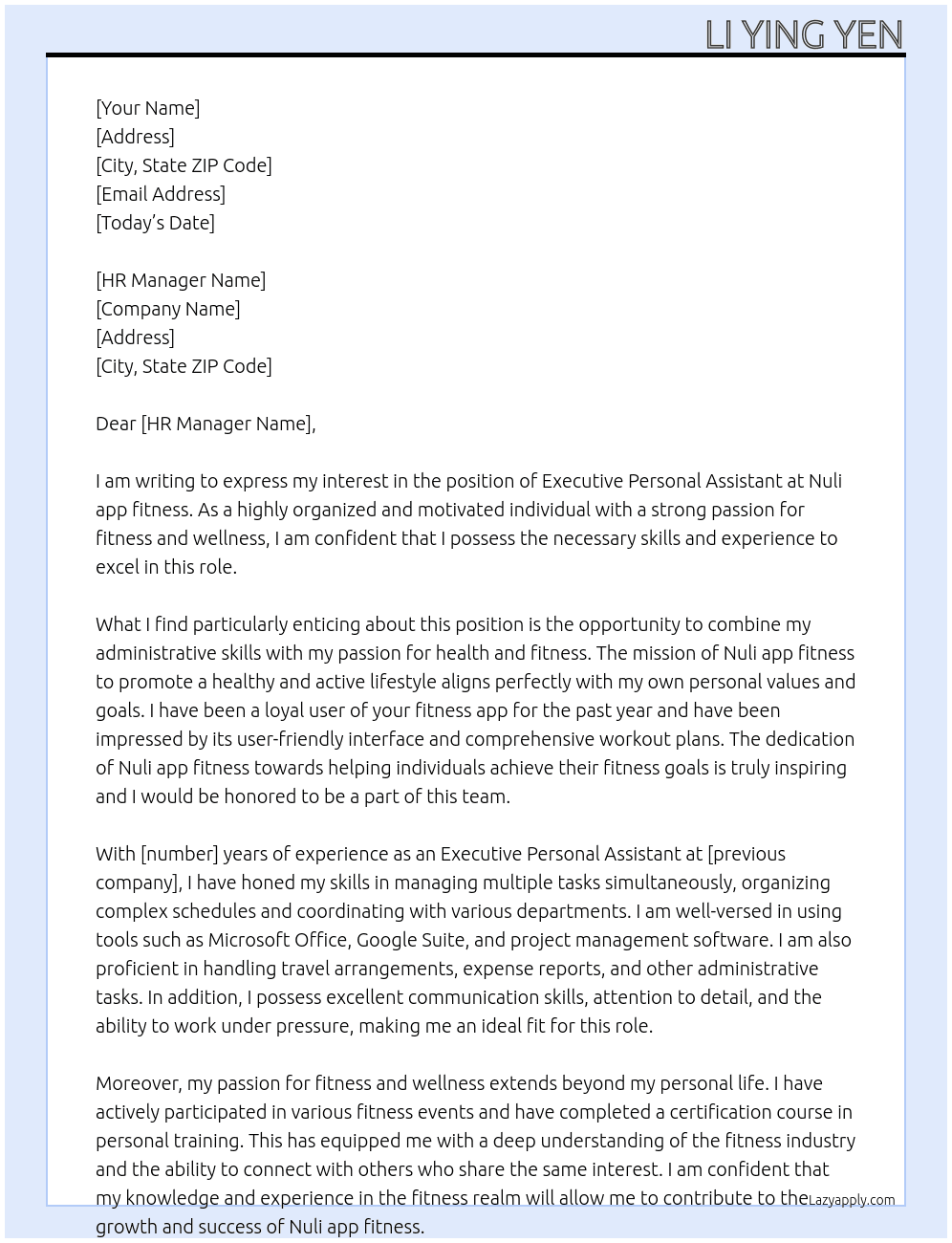 Executive Personal Assistant At Nuli app fitness  Cover Letter