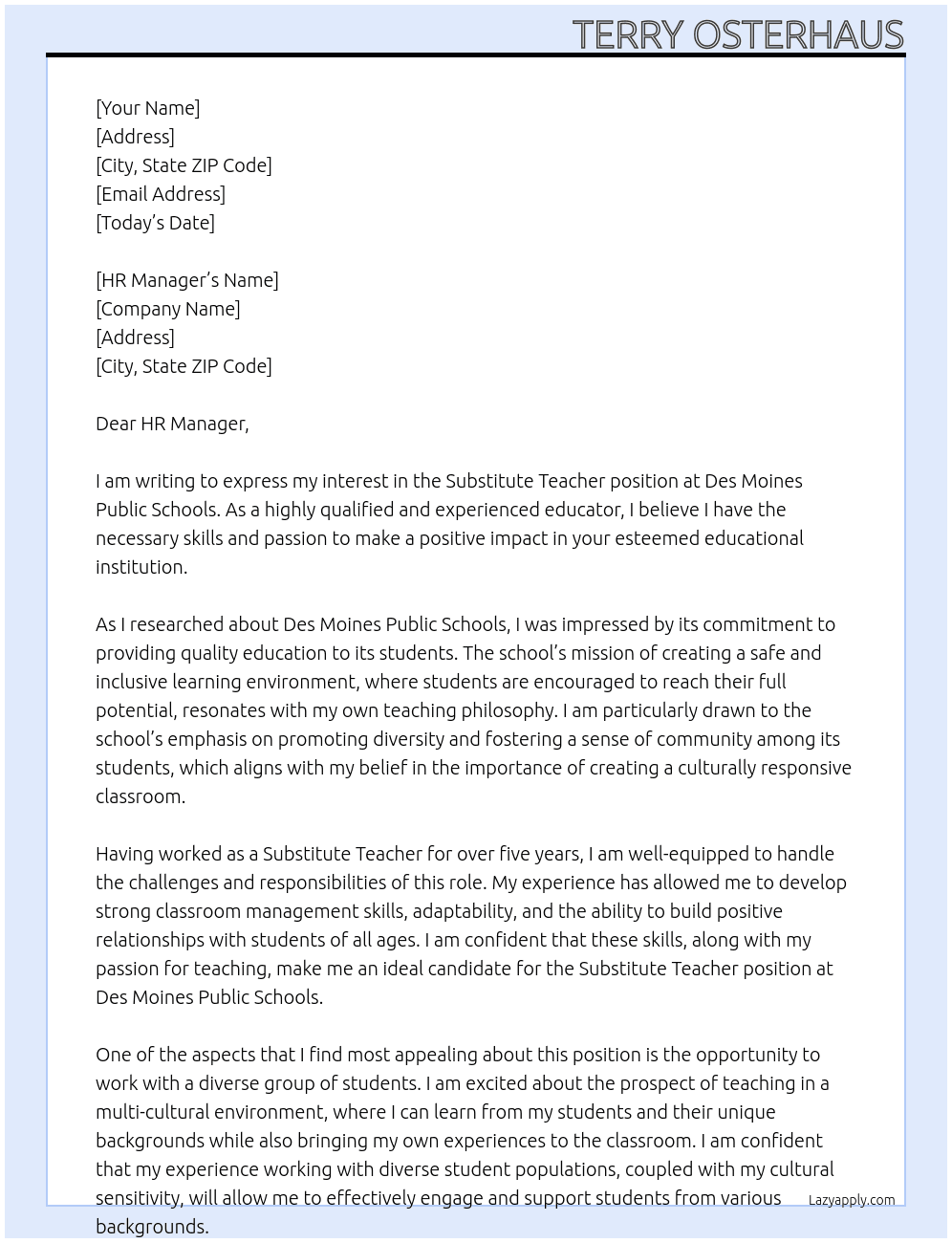 Substitute Teacher At Des Moines Public Schools Cover Letter