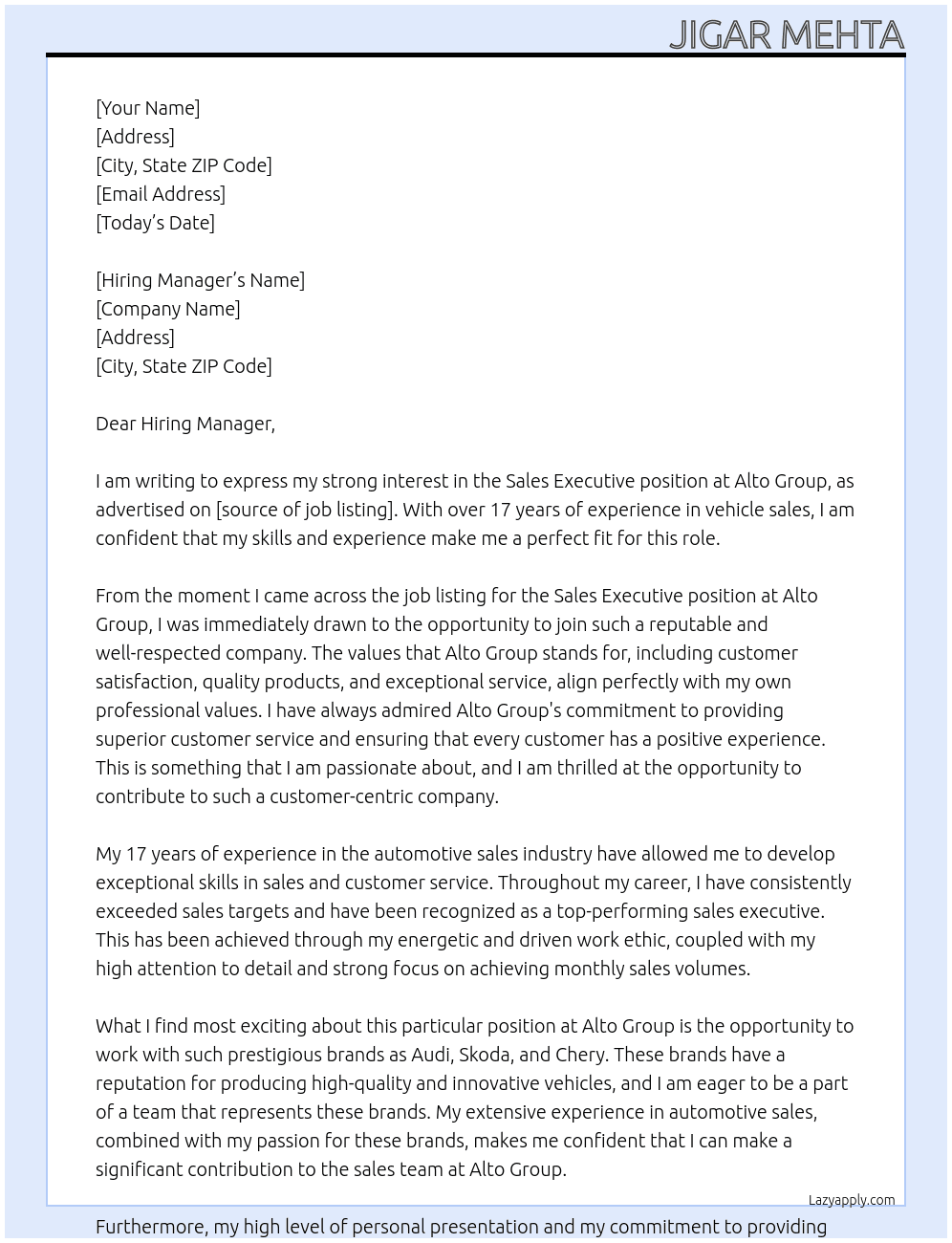 Sales Executive At Alto Group Cover Letter