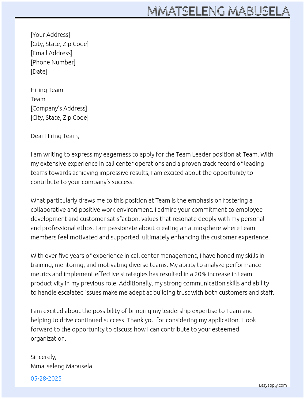 team leader call centre At team Cover Letter