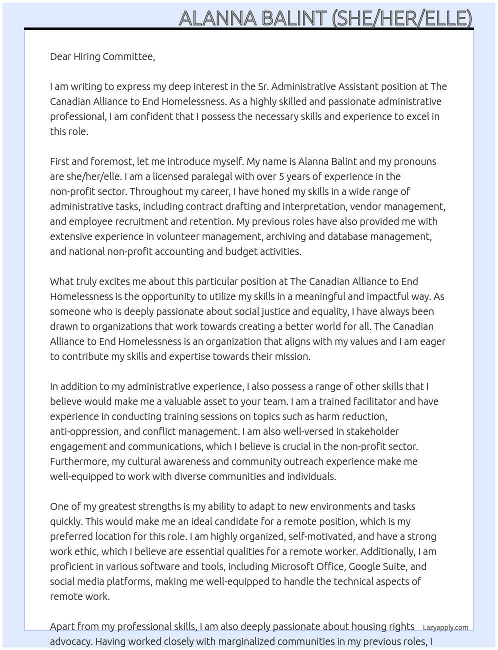 Sr. Administrative Assistant At The Canadian Alliance to End Homelessness Cover Letter