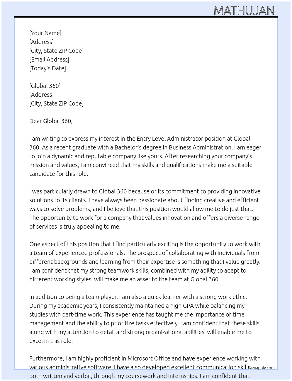 Entry Level Administrator At Global 360 Cover Letter