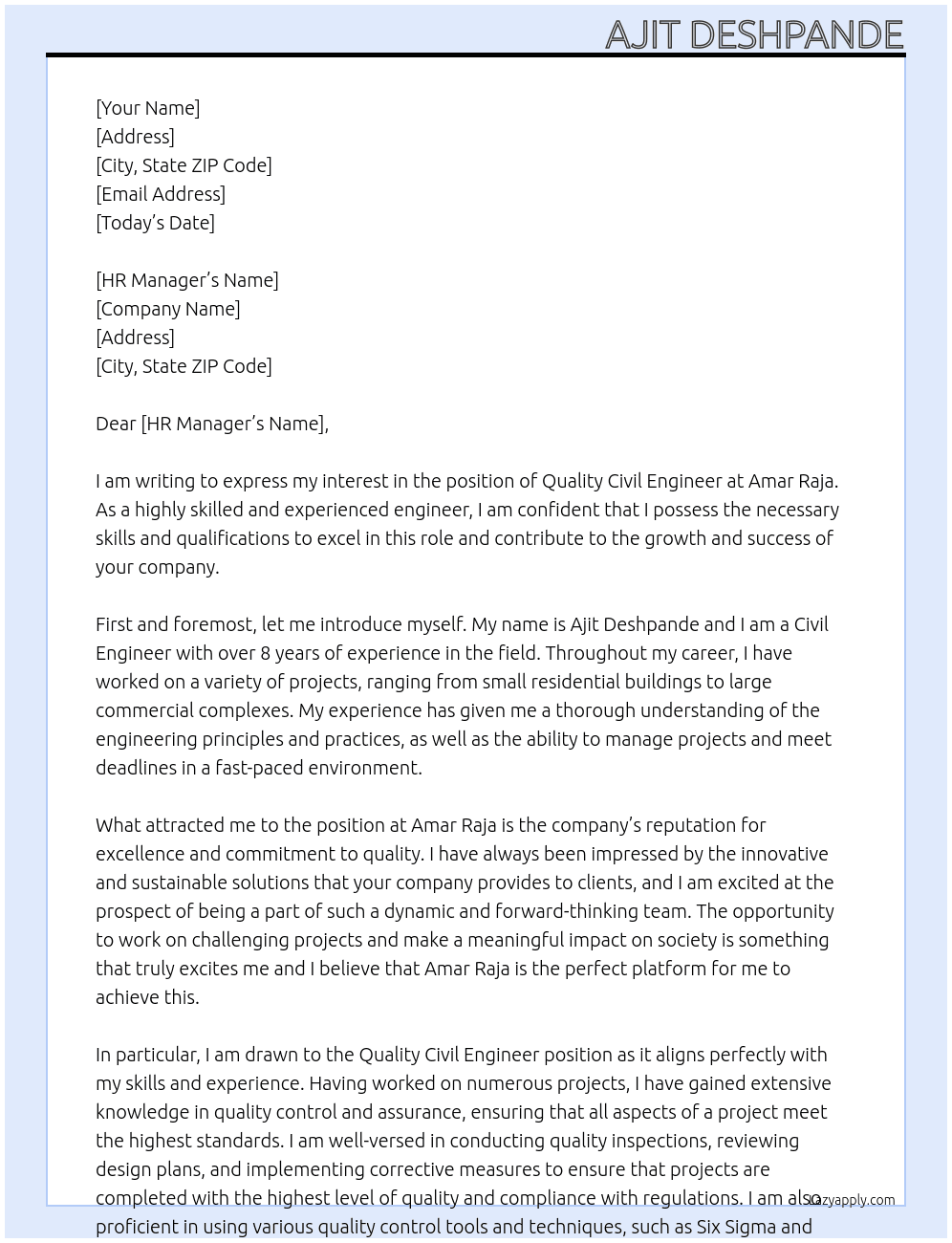 Quality civil Engineer At Amar Raja vacancy Cover Letter