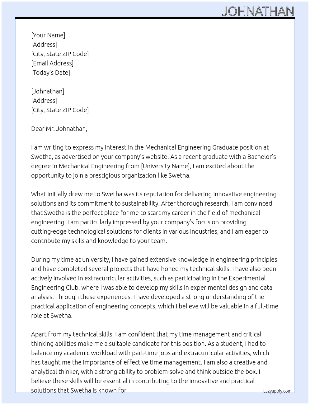 Mechanical Engineering Graduate At Swetha Cover Letter