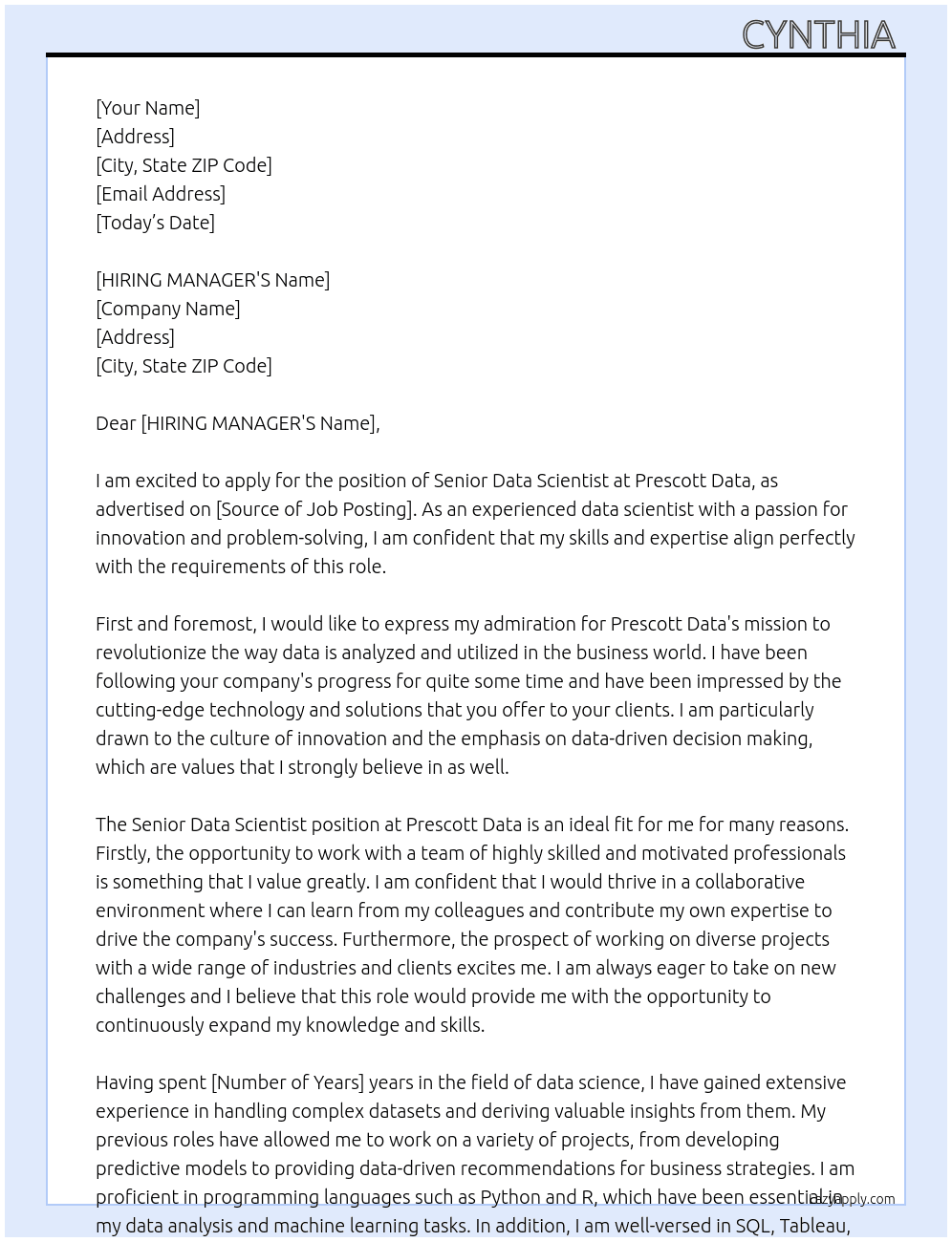 SENOR DATA SCIENTIST  At PRESCOTT DATA Cover Letter