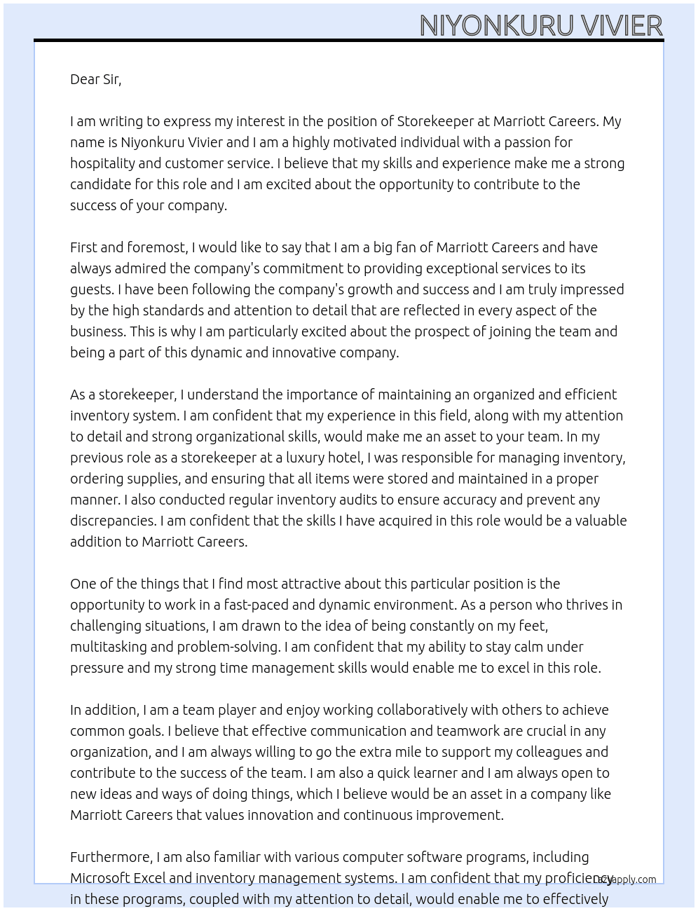 Storekeeper At Marriott Careers Cover Letter