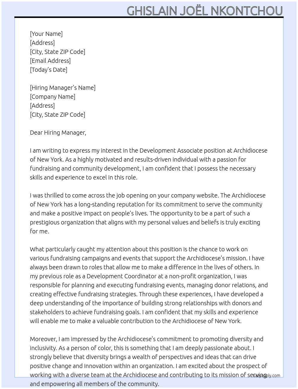 Development Associate At Archidiocese of New York Cover Letter