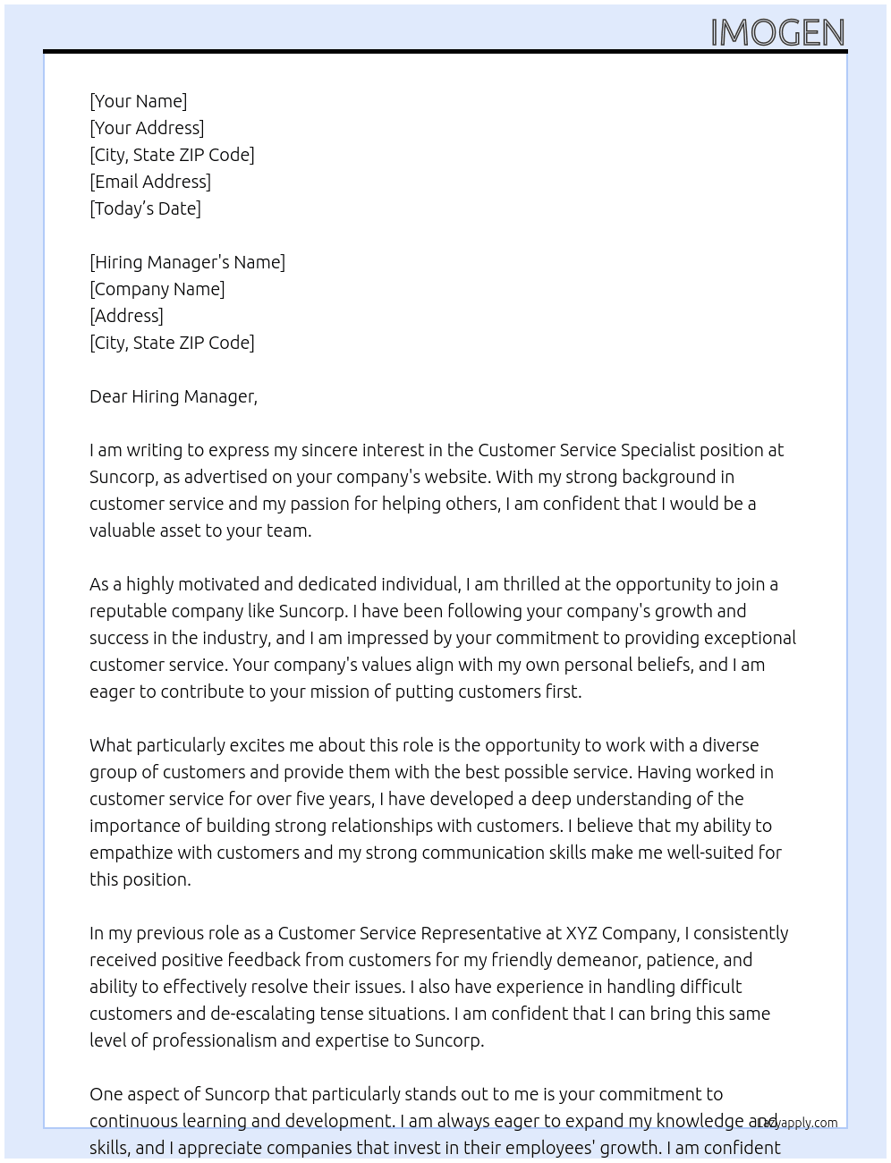 Customer Service Specialist At Suncorp Cover Letter