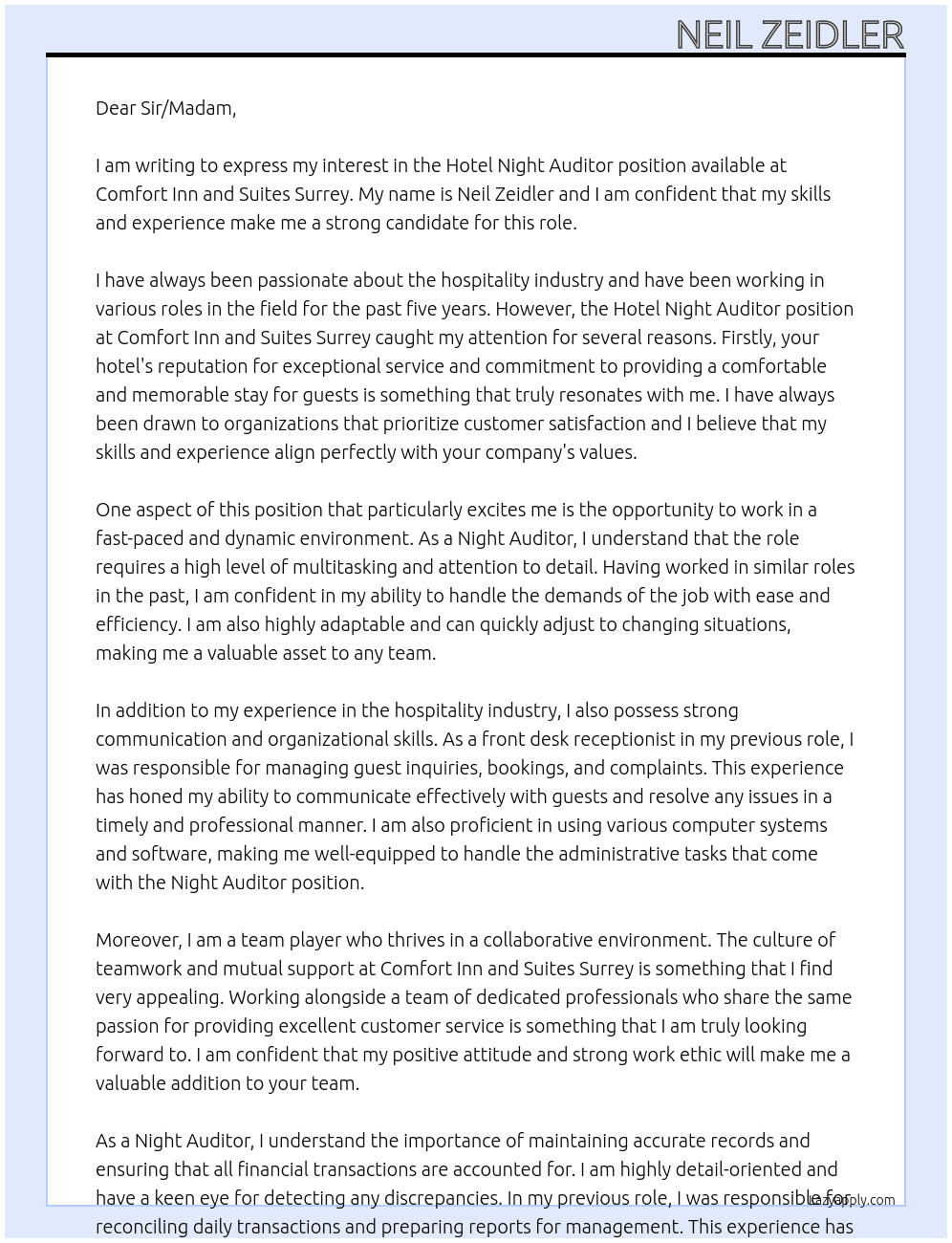 hotel night auditor At Comfort Inn and Suites Surrey Cover Letter