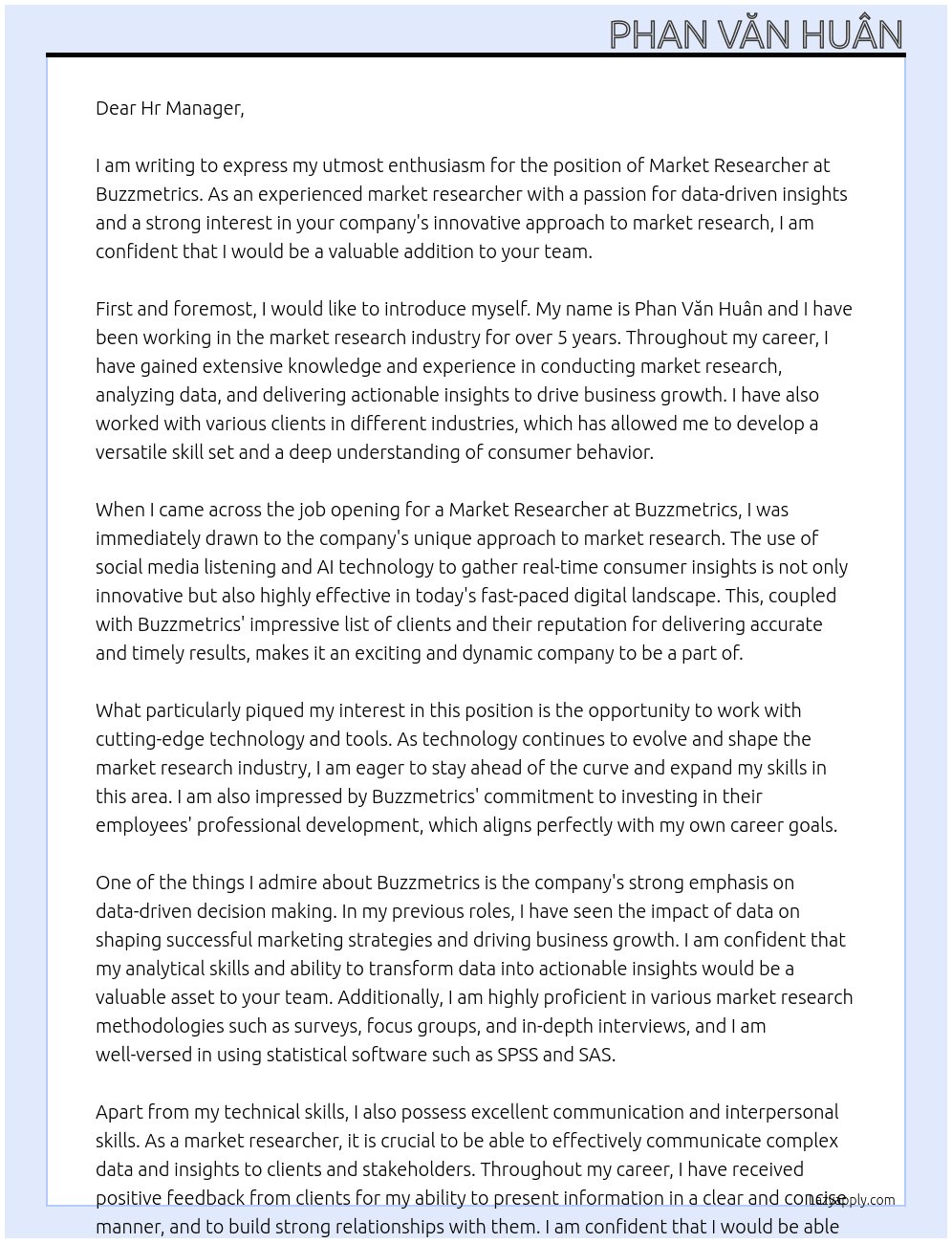 Market Researcher At Buzzmetrics Cover Letter