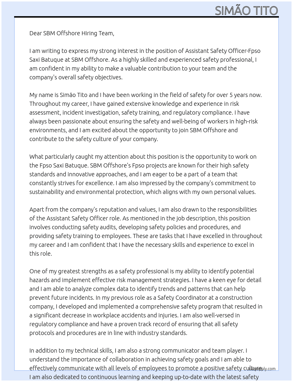Assistant Safety Officer-Fpso Saxi Batuque At SBM Offshore  Cover Letter