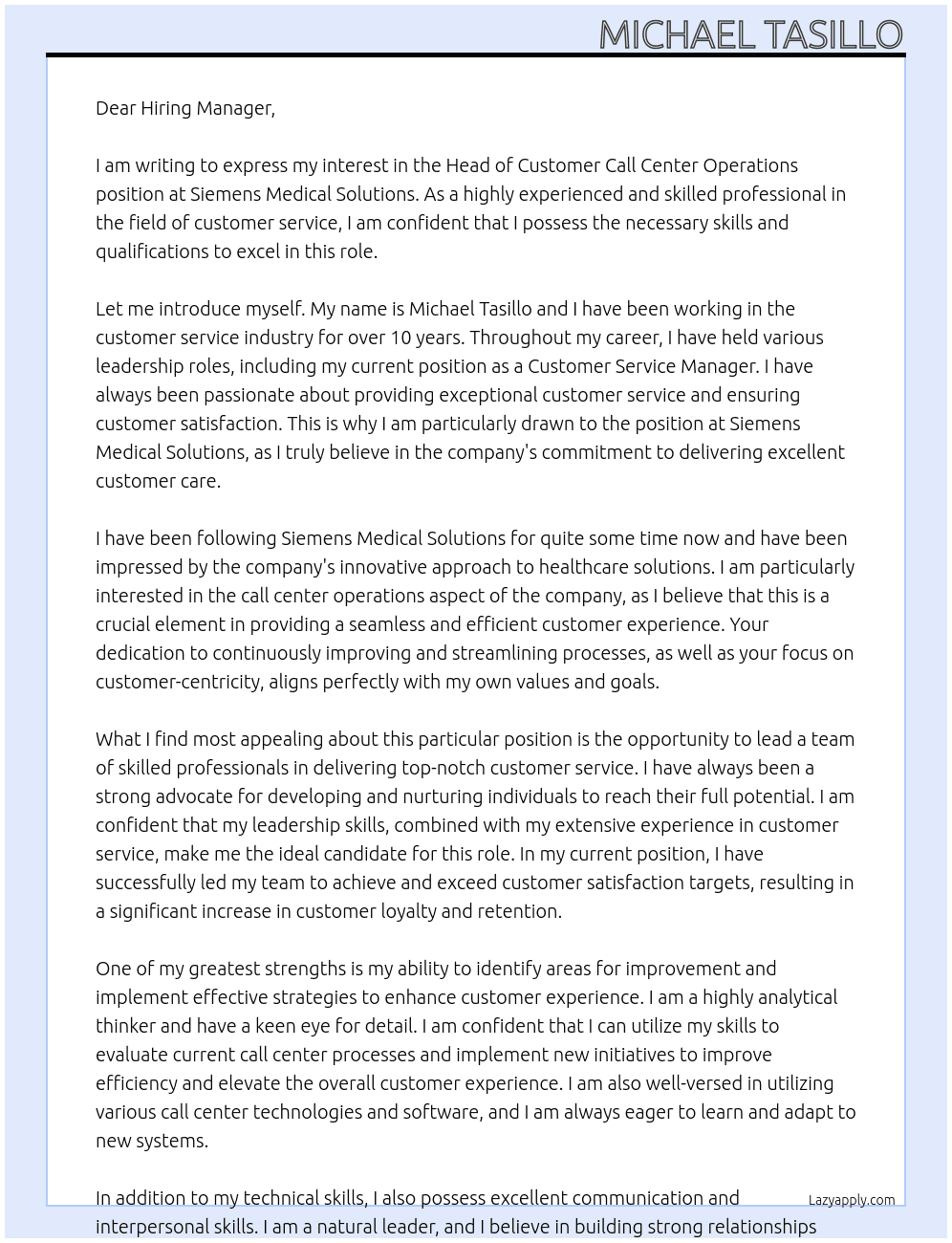 Head of Customer Call Center Operations At Siemens Medical Solutions Cover Letter