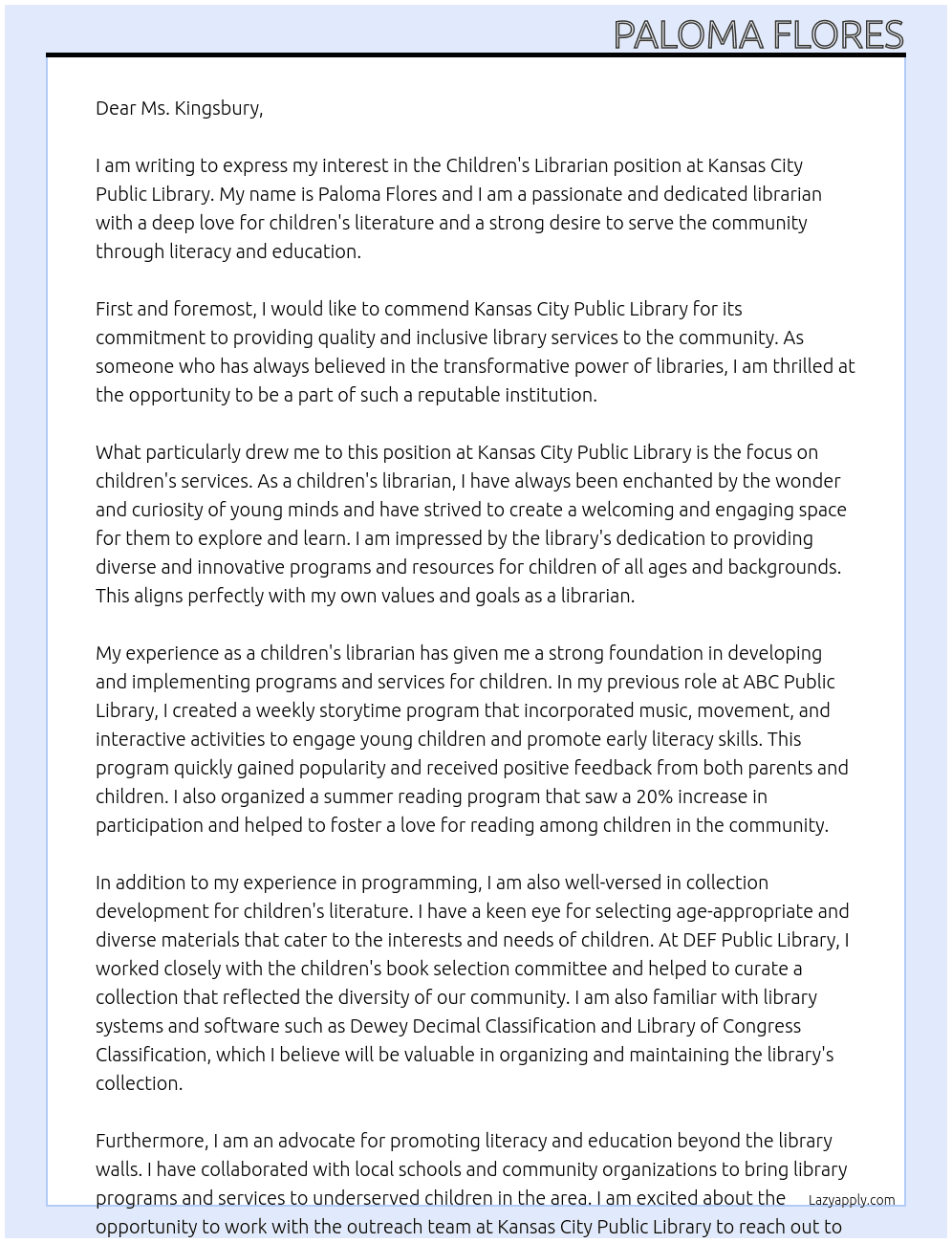 Children's Librarian At Kansas City Public Library Cover Letter