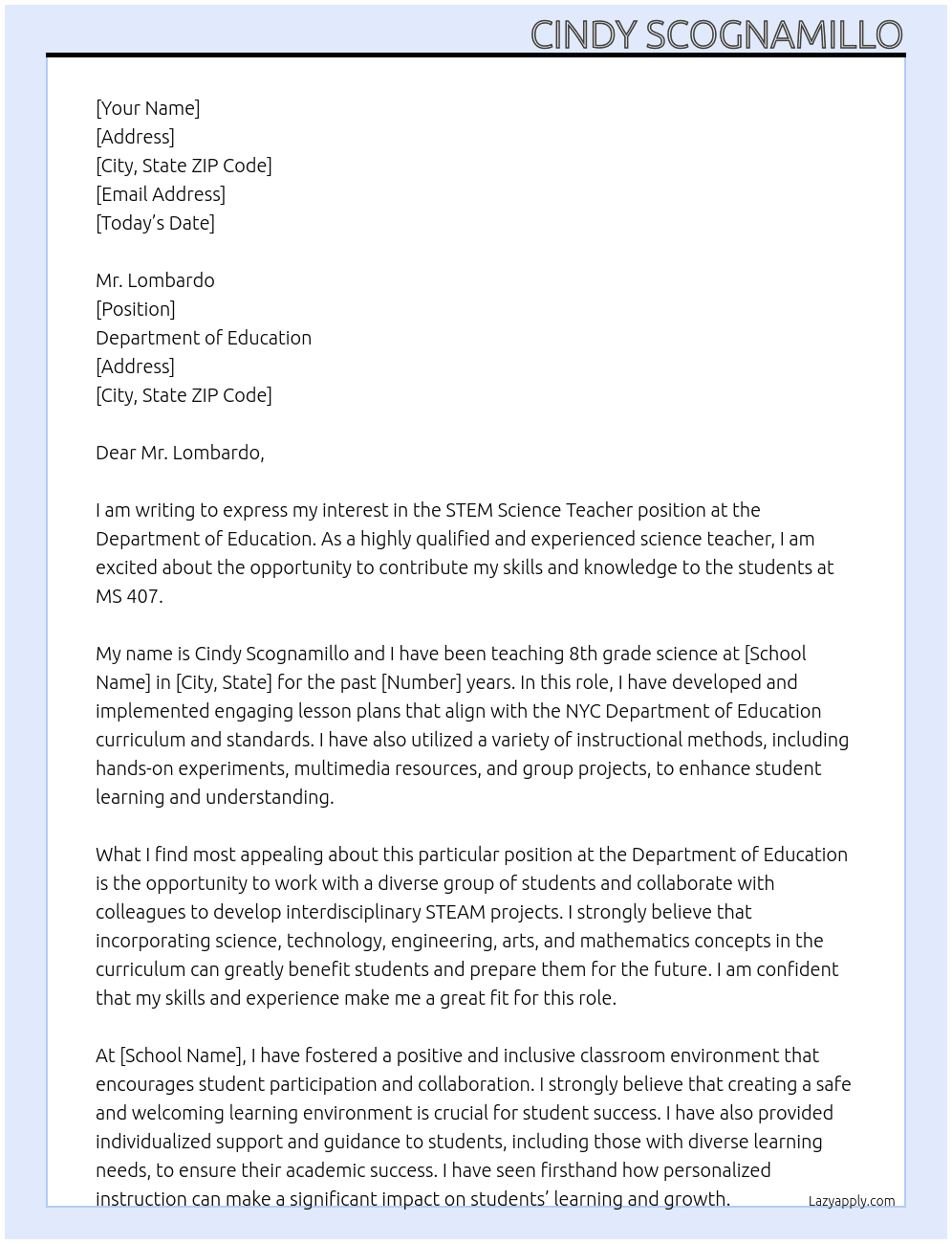 STEM SCIENCE Teacher At department of education Cover Letter