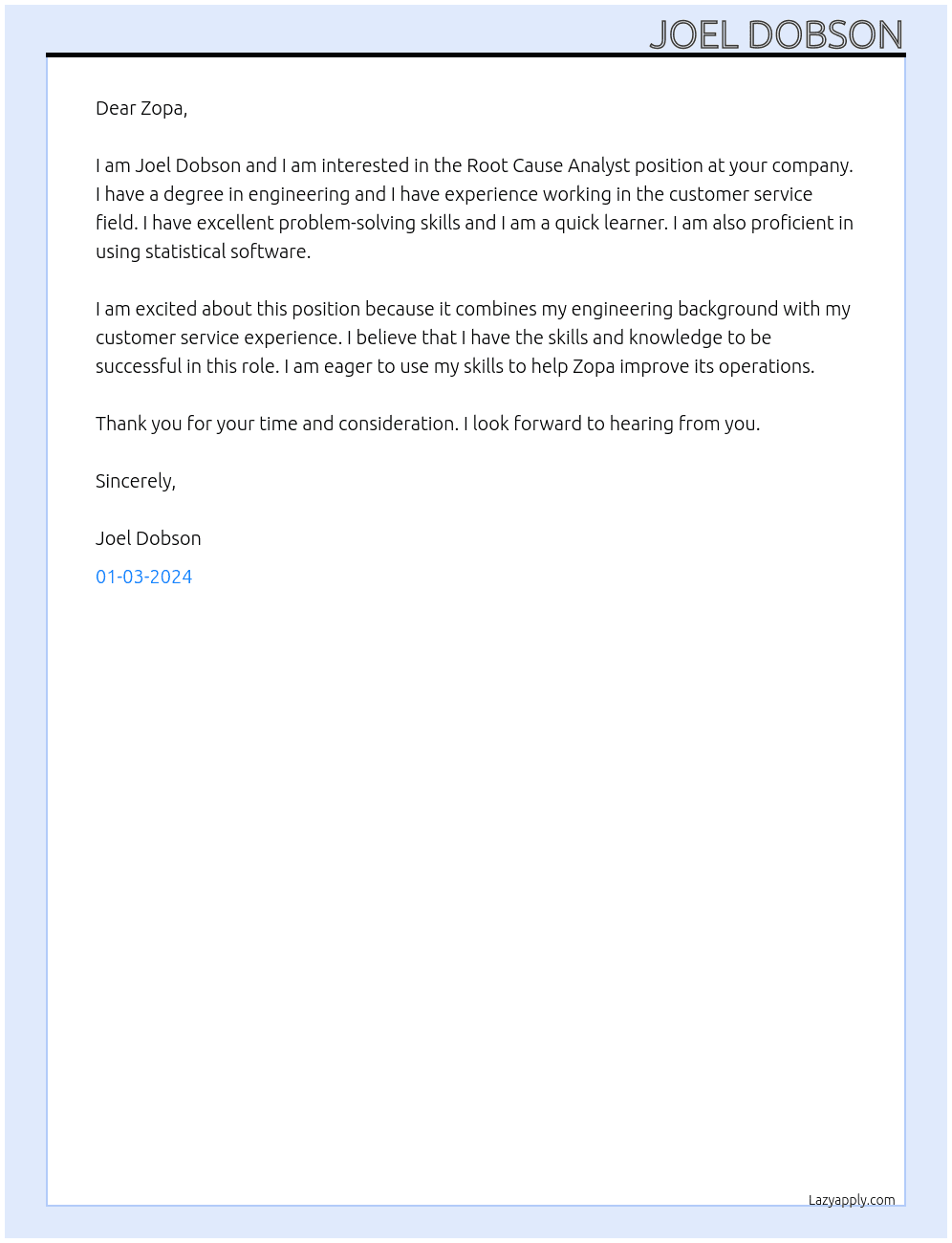 Root Cause Analyst At Zopa Cover Letter