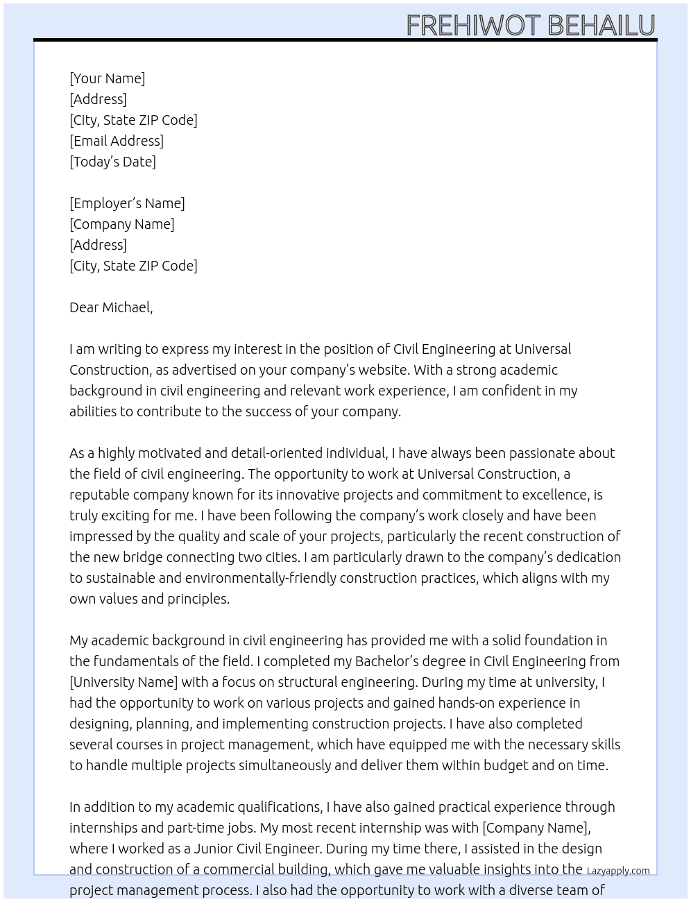 Civil engineering  At Universal construction  Cover Letter