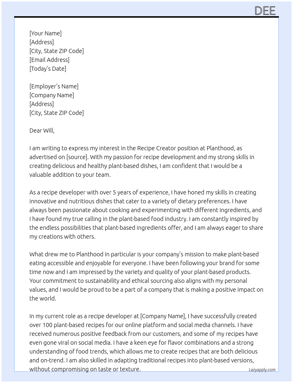 RECIPE CREATOR At PLANTHOOD Cover Letter
