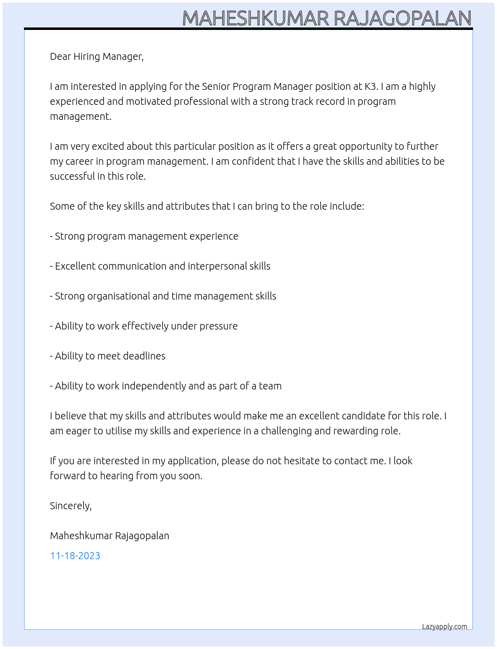 Senior Program Manager At K3 Cover Letter