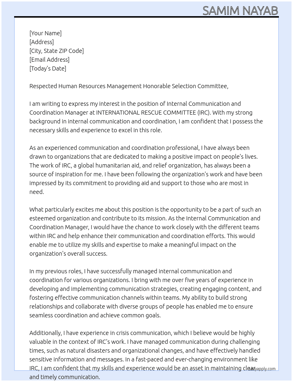 Internal Communication and Coordination Manager At INTERNATIONAL RESCUE COMMITTEE (IRC) Cover Letter