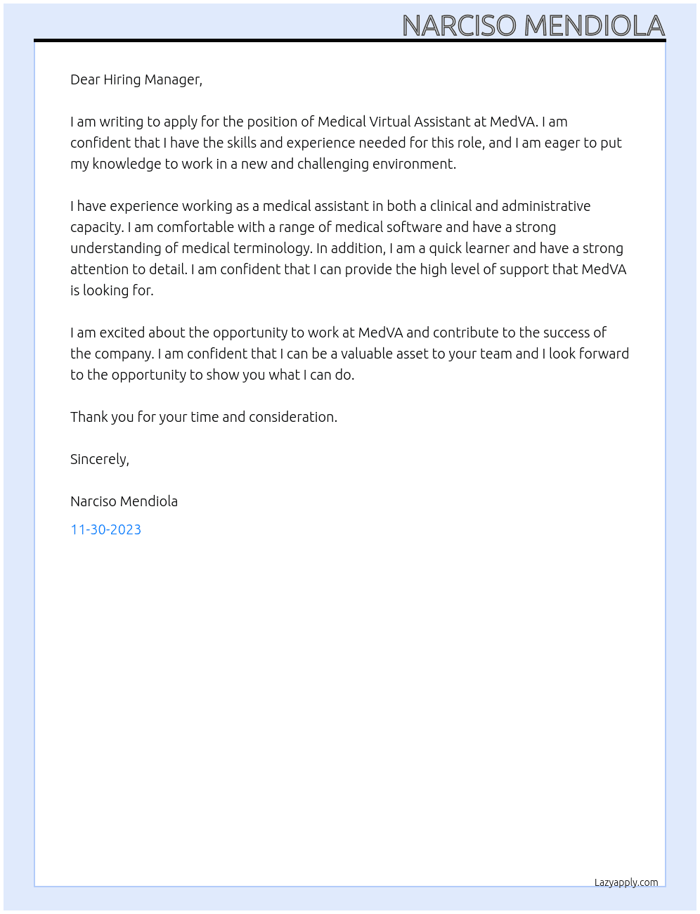 Medical Virtual Assistant At MedVA Cover Letter