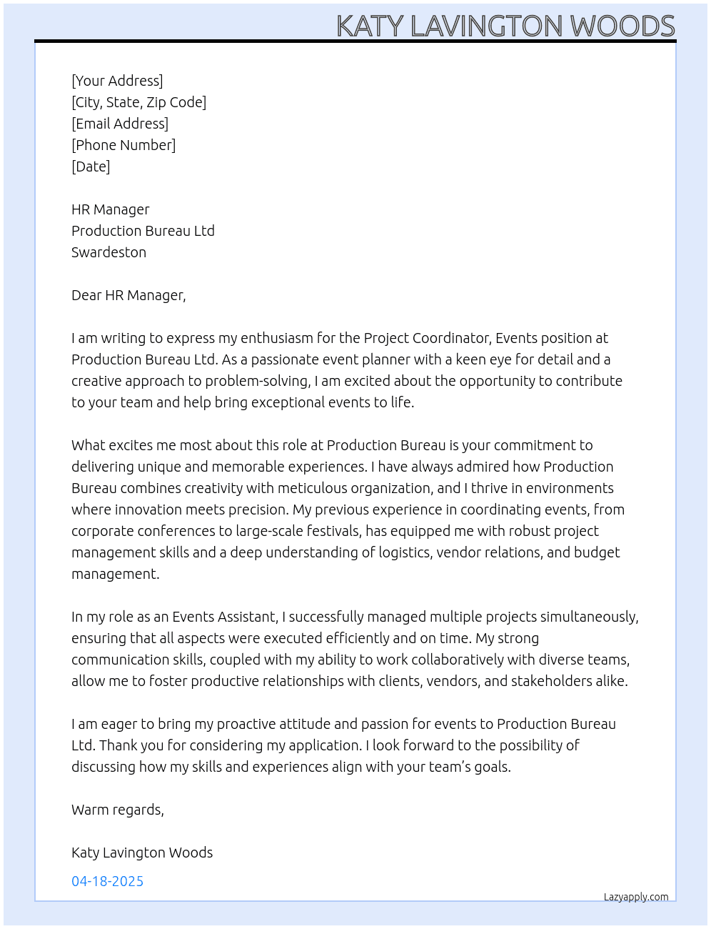 Project Coordinator, Events At Production Bureau Ltd - Swardeston Cover Letter