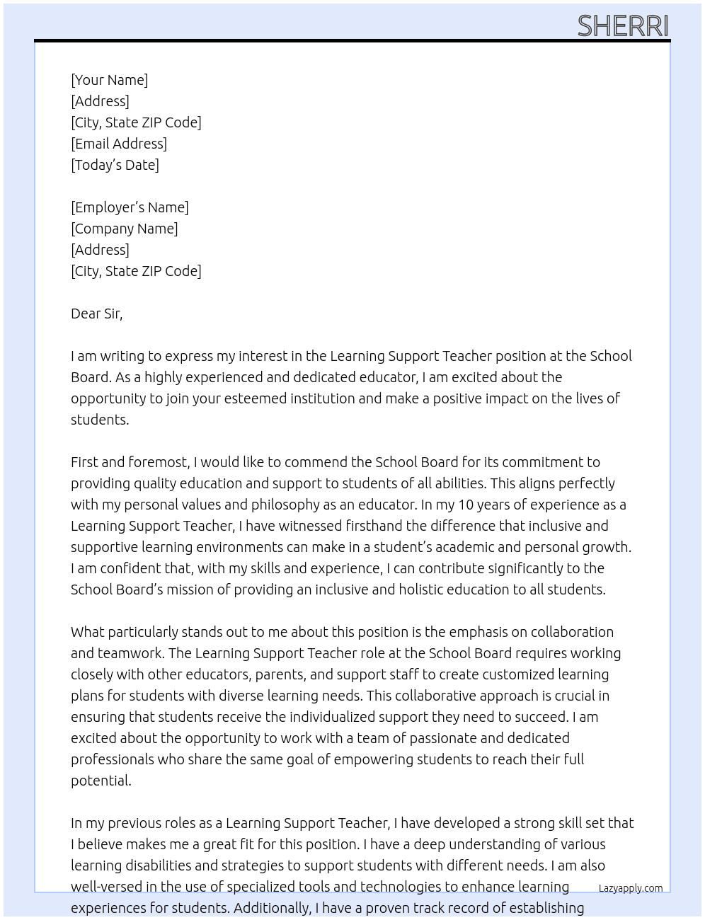 Learning Support Teacher At School Board Cover Letter