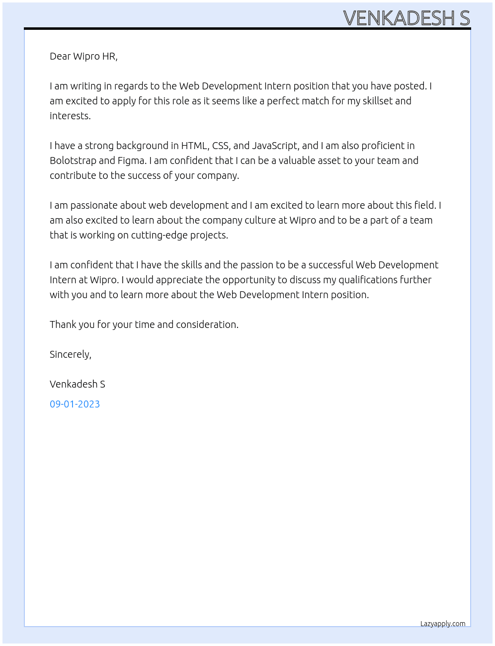 Web Development Intern At Venkadesh S Cover Letter