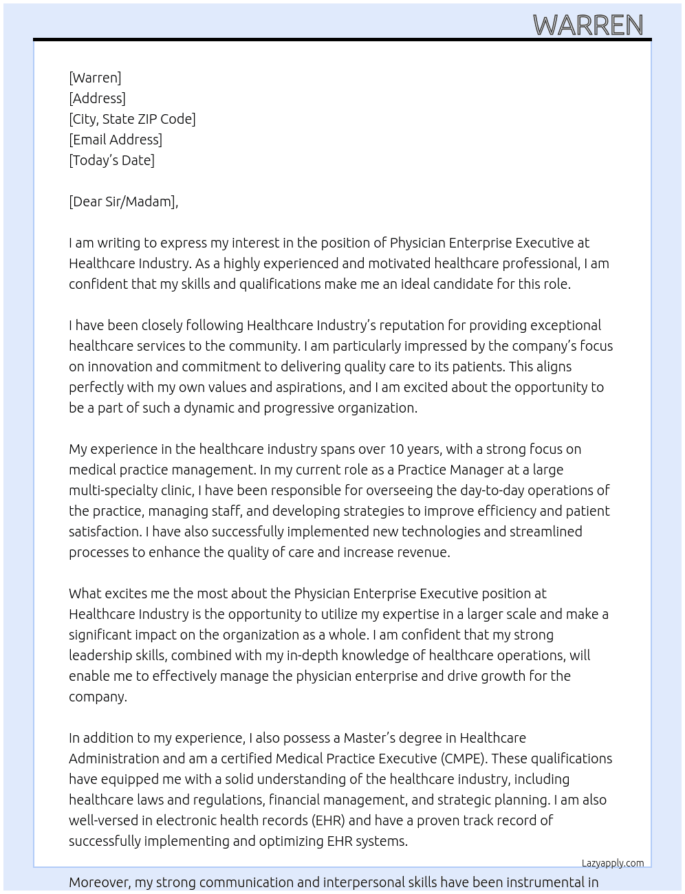 Physician Enterprise Executive At Healthcare Industry Cover Letter
