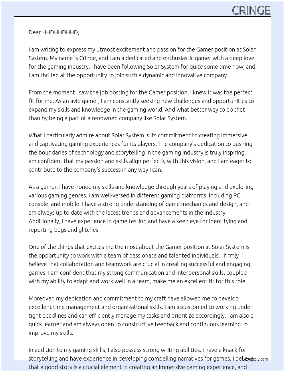 Gamer At solar system Cover Letter