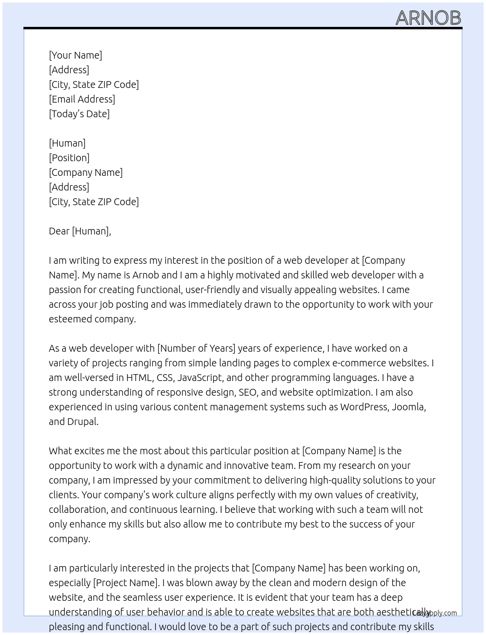 Cover letter for looking for a web developer to make changes to my website - LazyApply