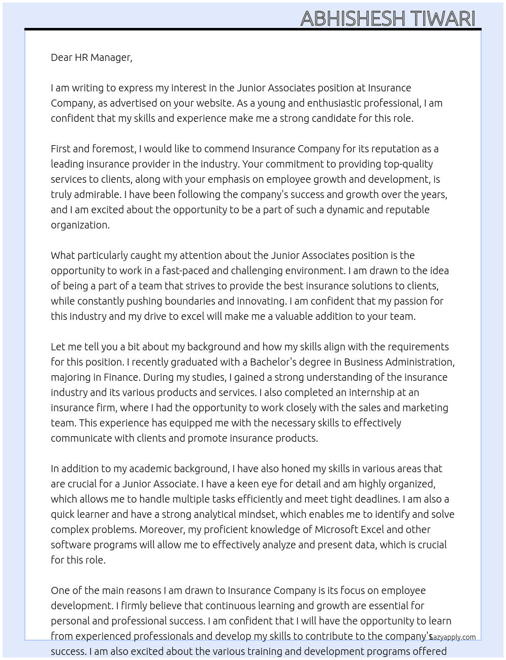 Junior Associates  At Insurance Company  Cover Letter