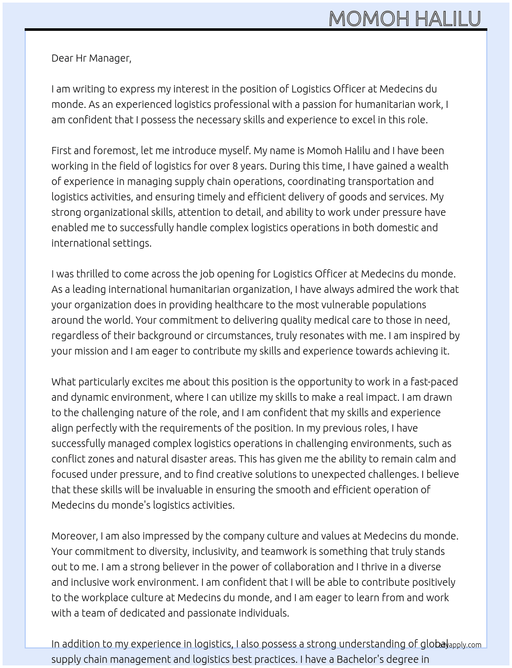 Logistics Officer At Medecins du monde Cover Letter
