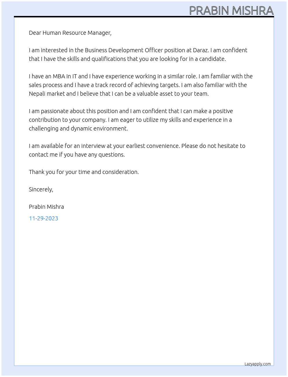 Business Development Officer At Daraz Cover Letter