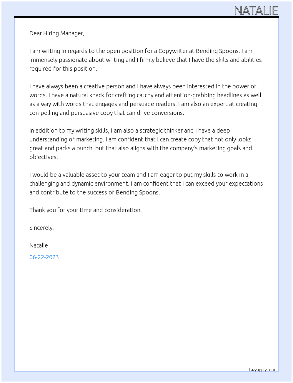Copywriter At Bending Spoons Cover Letter