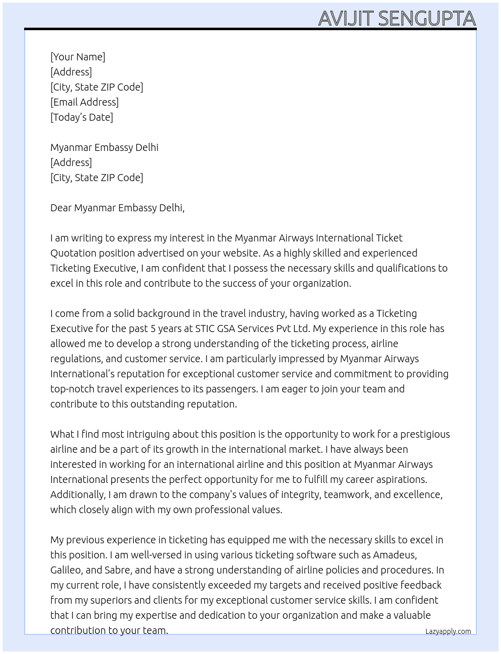 Myanmar Airways International Ticket Quotation At STIC GSA Services Pvt Ltd Cover Letter