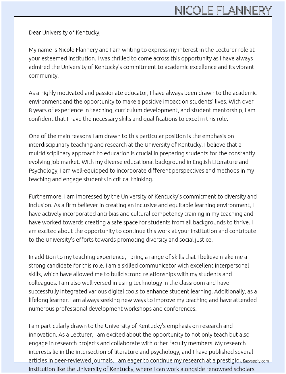 lecturer At University of Kentucky Cover Letter