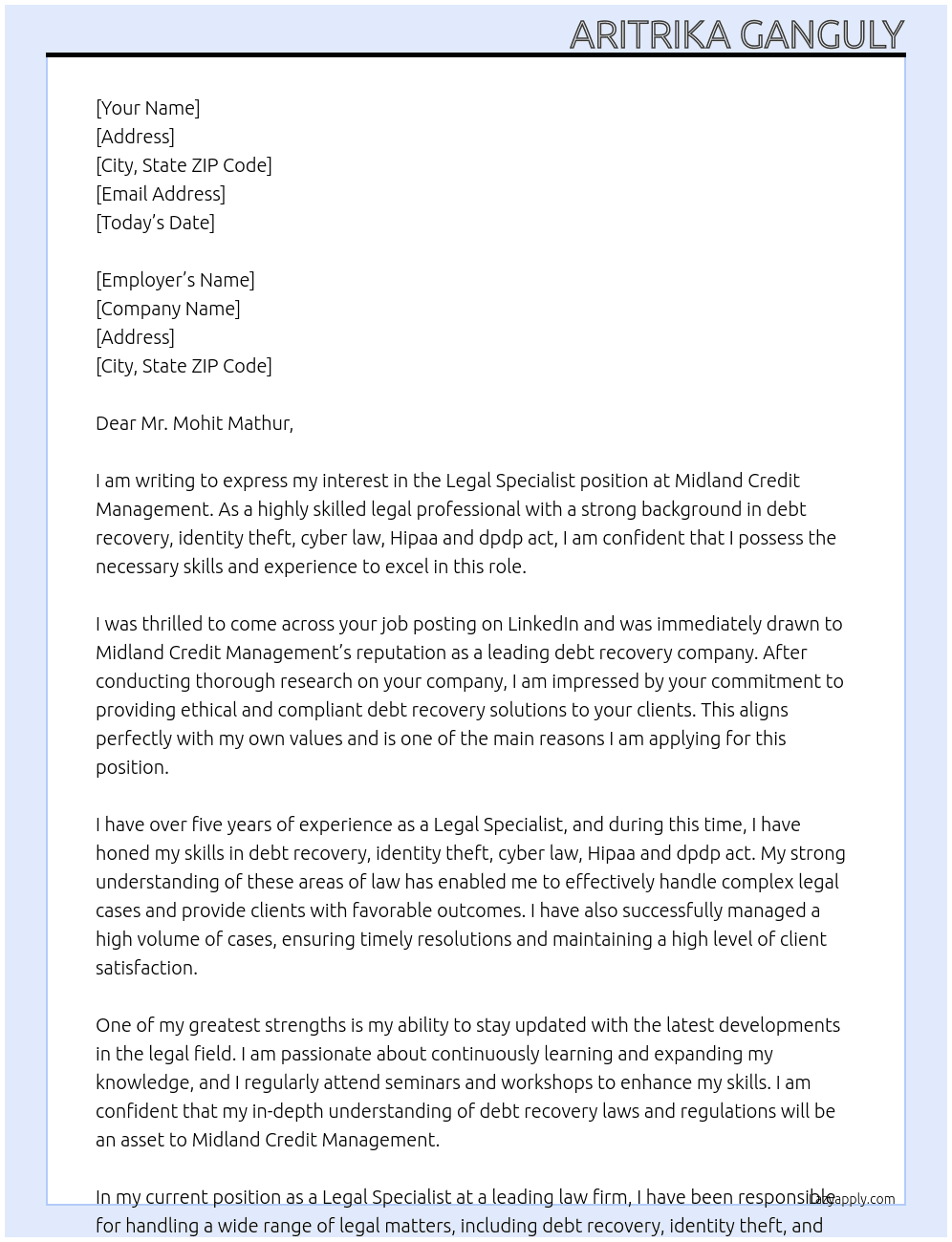 Legal Specialist At Midland Credit Management  Cover Letter