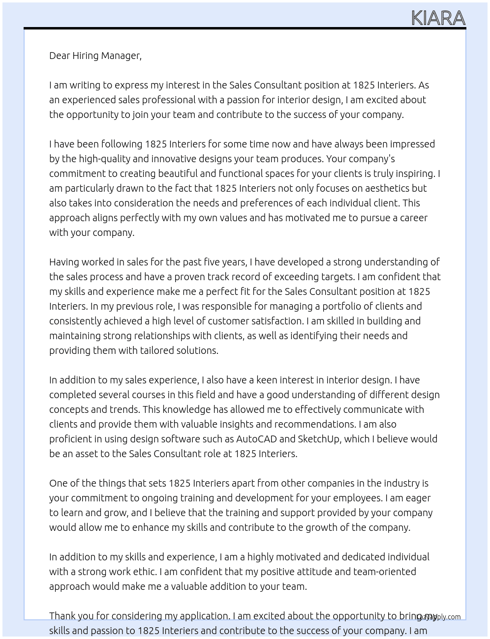 sales consultant At 1825 Interiers Cover Letter