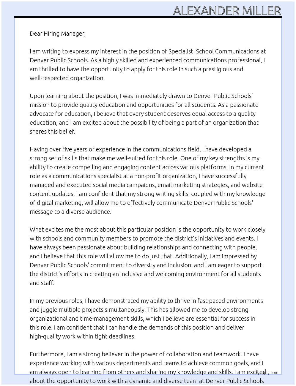 Specialist, School Communications At Denver Public Schools Cover Letter