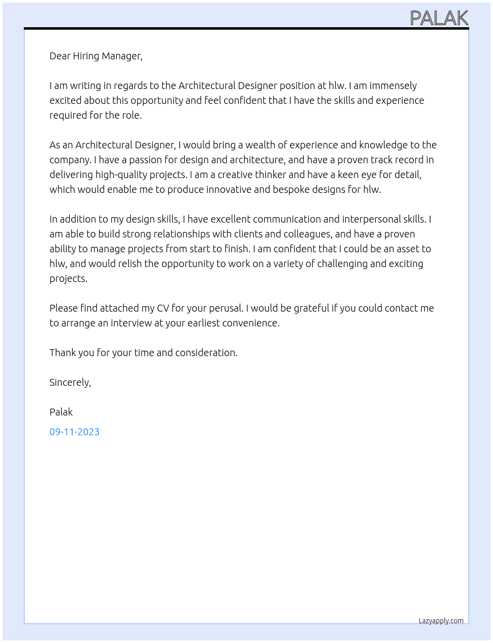Architectural Designer At hlw Cover Letter