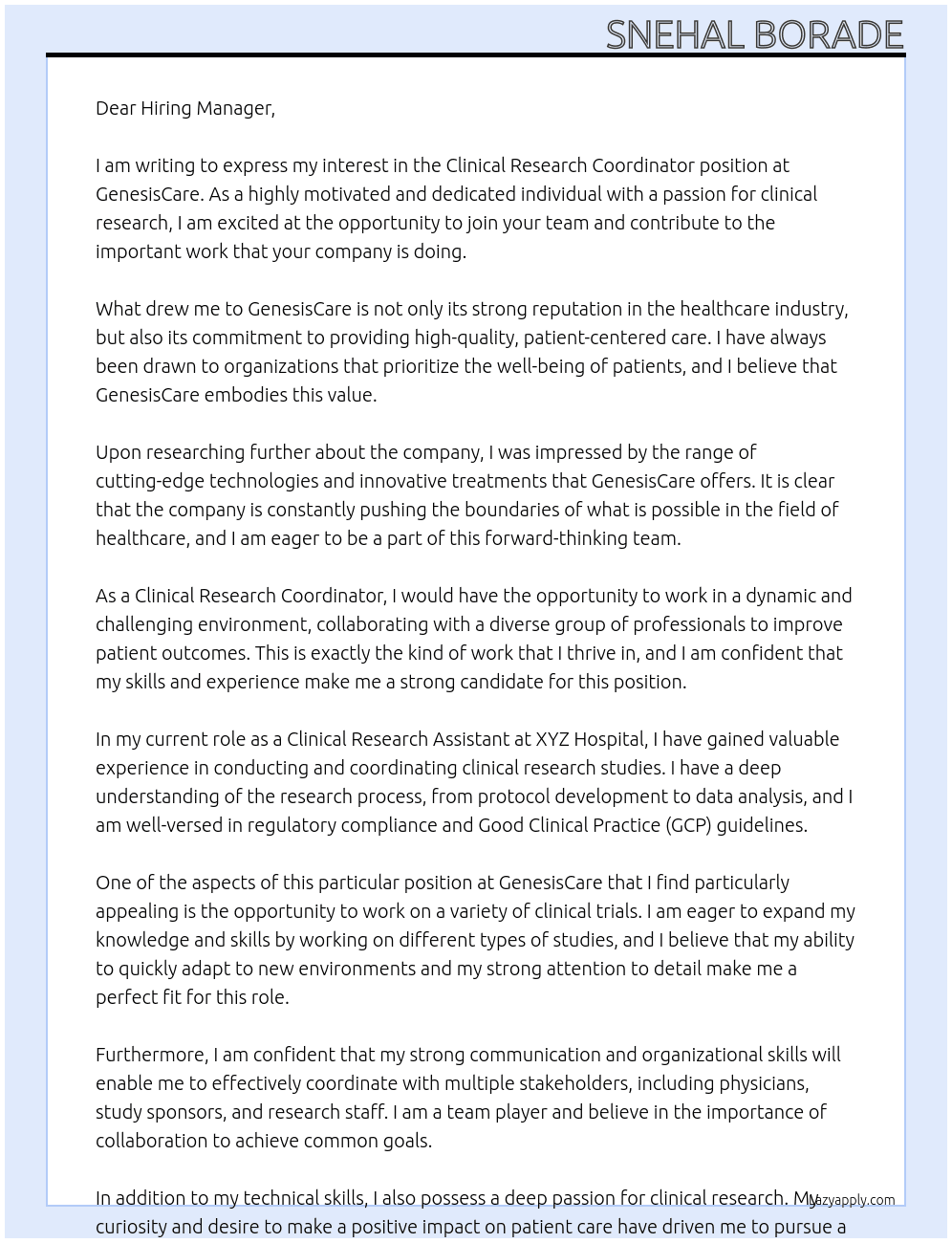Clinical Research Coordinator At GenesisCare Cover Letter
