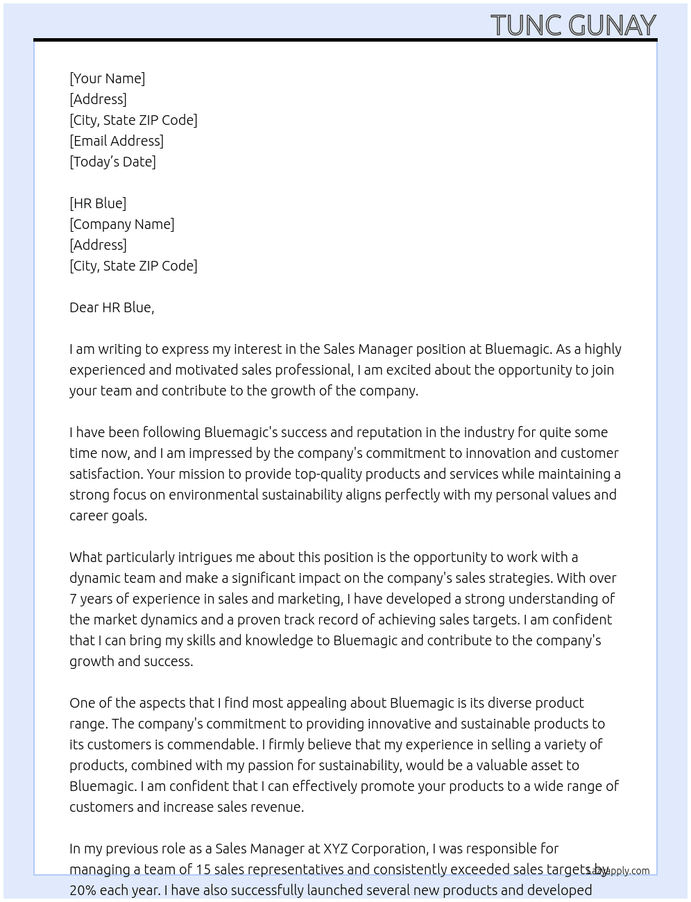 Sales Manager At Bluemagic Cover Letter