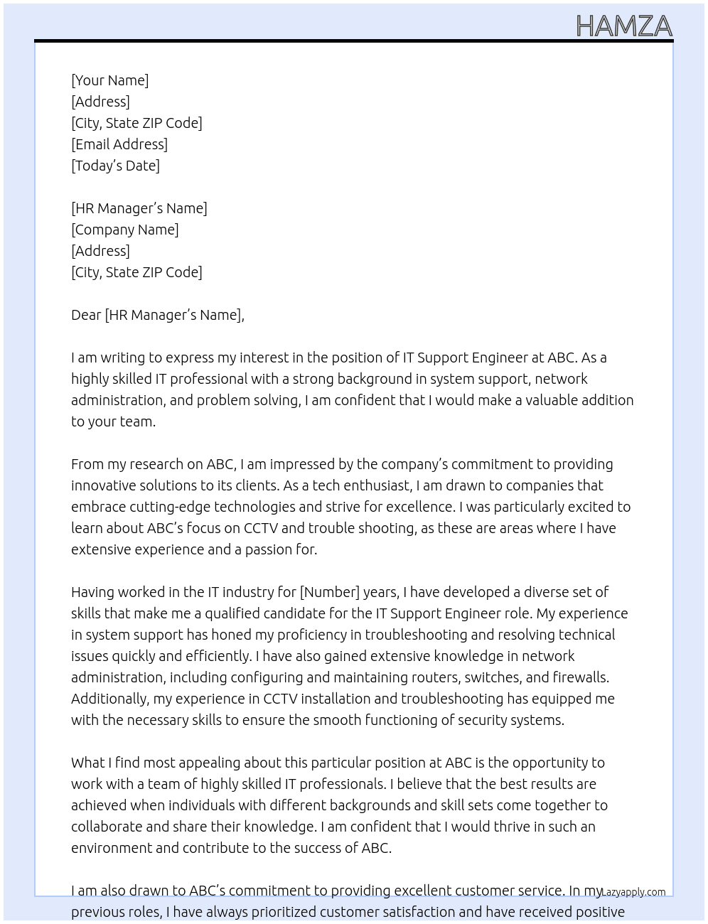 IT support Engineer At abc Cover Letter
