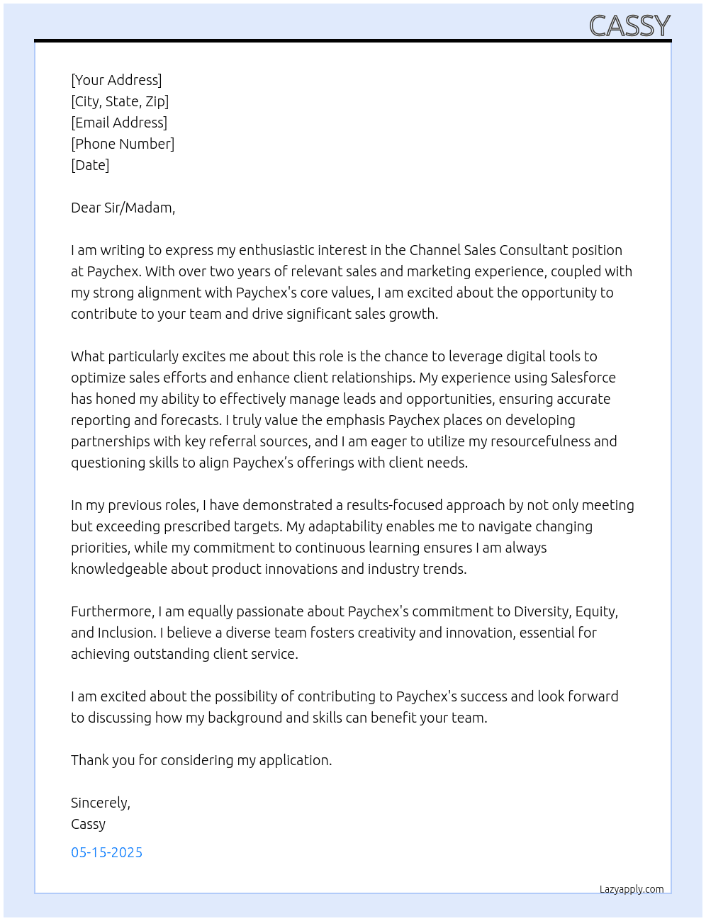 Channel Sales Consultant At Paychex Cover Letter